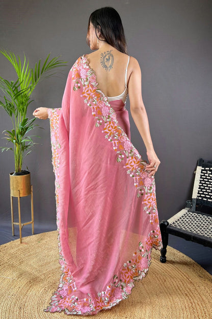 Pink Colour Glossy Silk Designer Saree