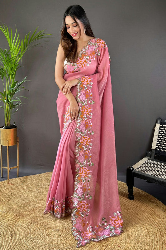 Pink Colour Glossy Silk Designer Saree