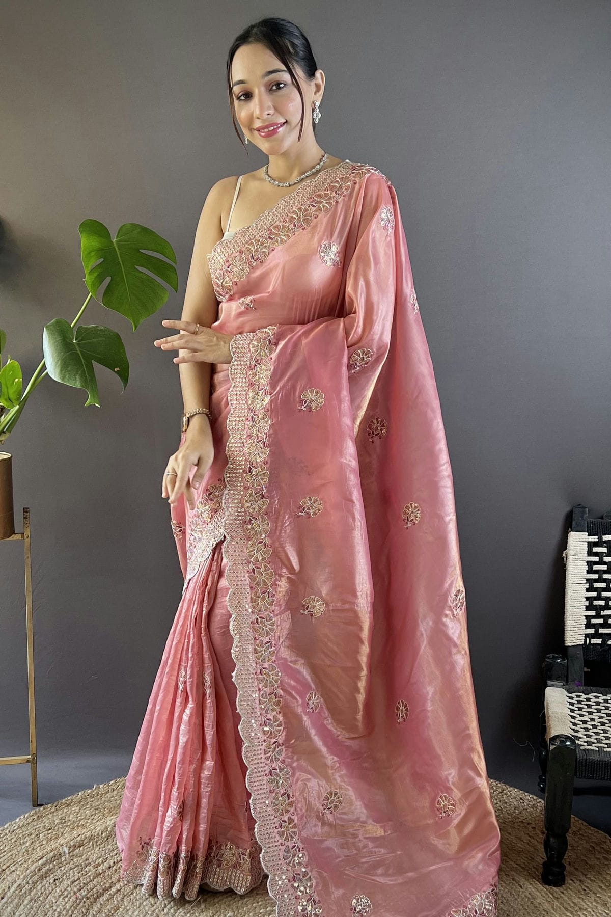 Pink Colour Gold Crunchy Designer Saree