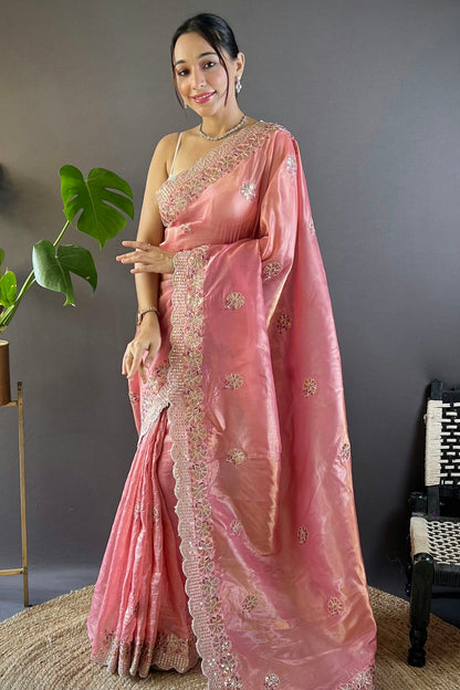 Pink Colour Gold Crunchy Designer Saree