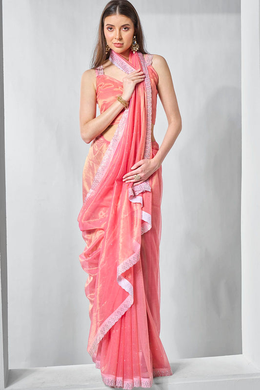 Pink Colour Gold Tissue Net Designer Saree