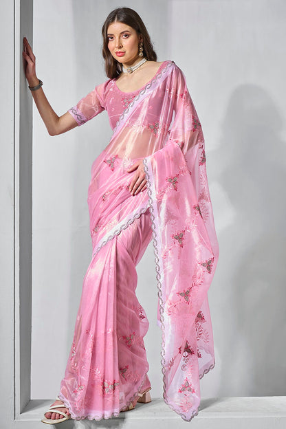 Pink Colour Gold Tissue Net Designer Saree