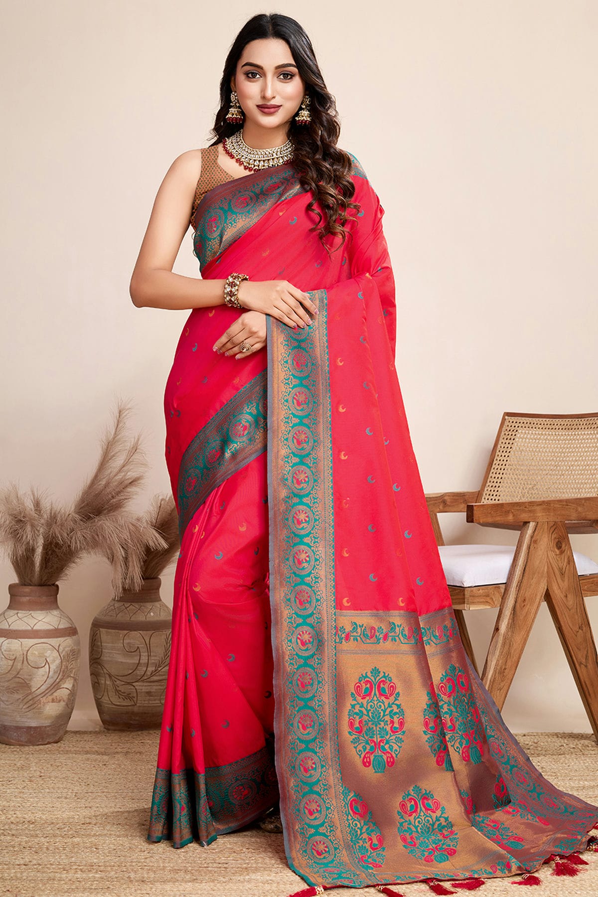 Pink Colour Jacquard Silk Traditional Saree