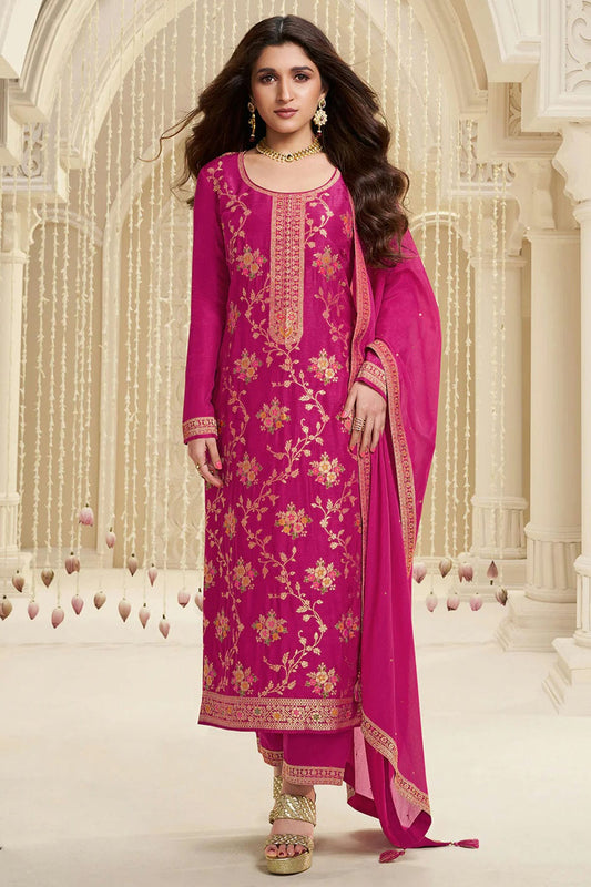 Pink Colour Jacquard Viscose Straight Suit