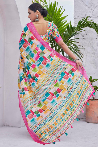 Pink Colour Linen Blend Printed Saree