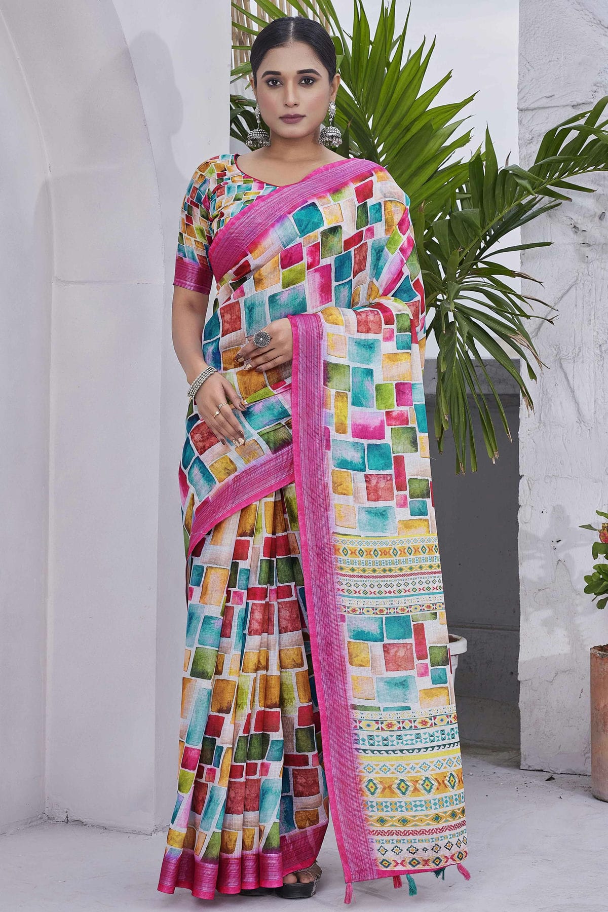 Pink Colour Linen Blend Printed Saree