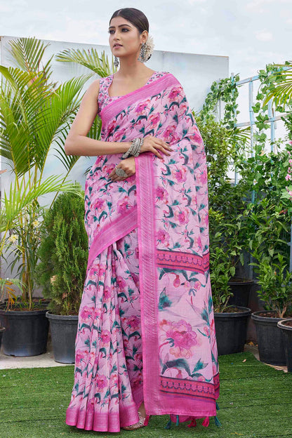 Pink Colour Linen Blend Printed Saree