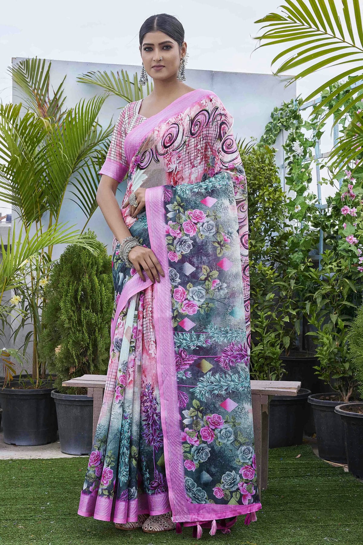 Pink Colour Linen Blend Printed Saree