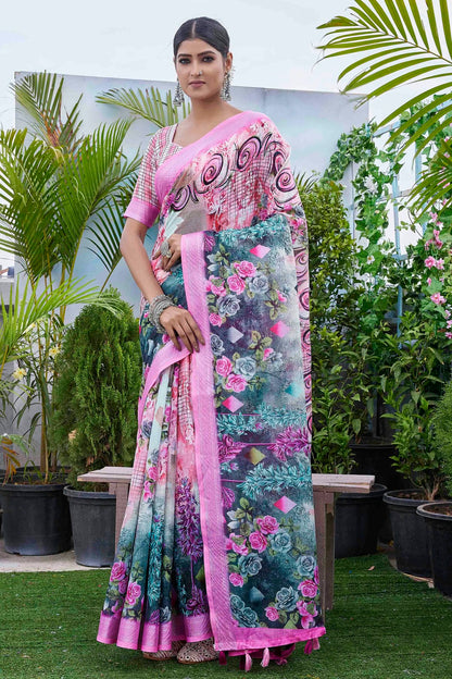 Pink Colour Linen Blend Printed Saree