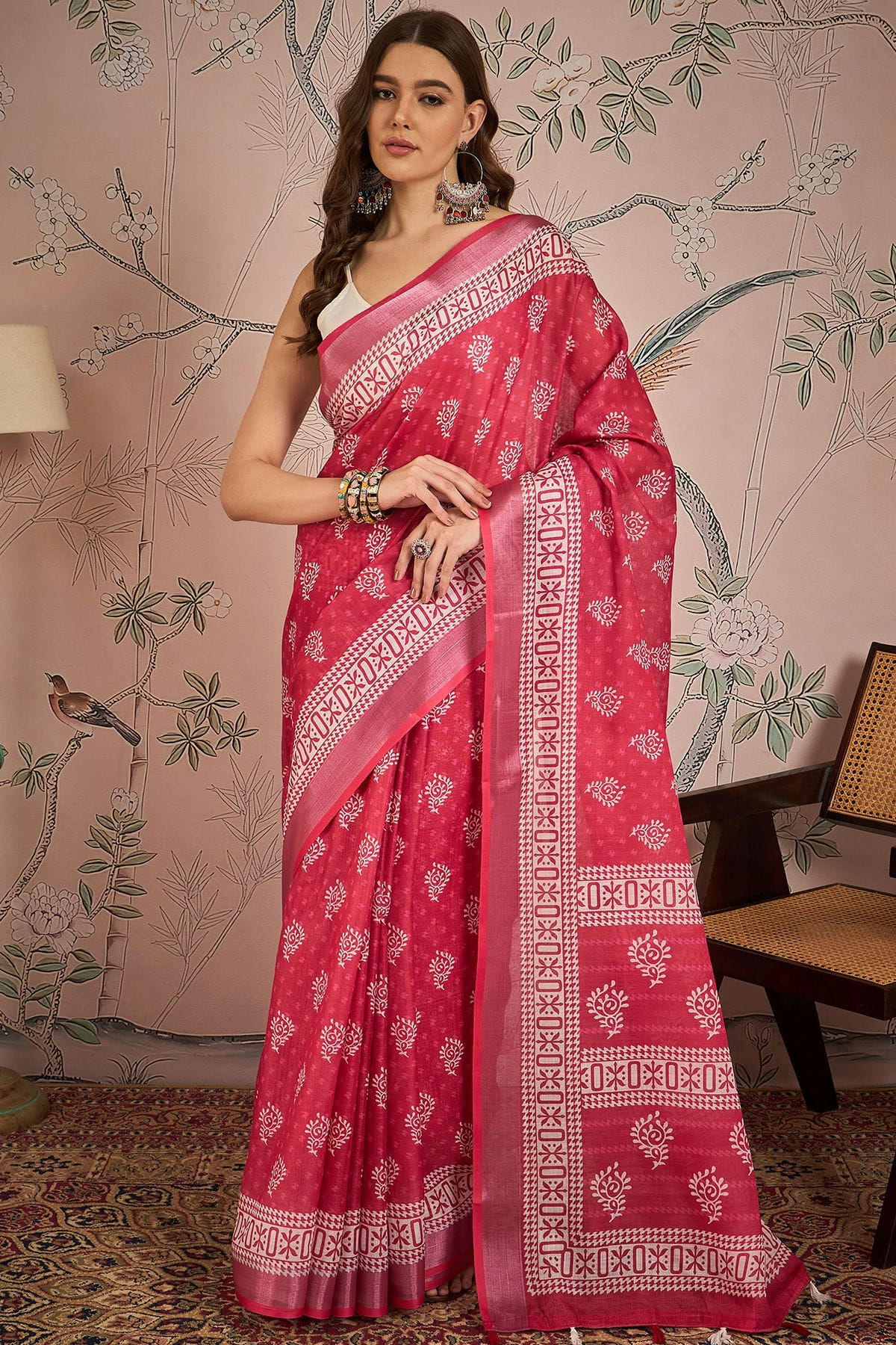 Pink Colour Linen Blend Printed Saree