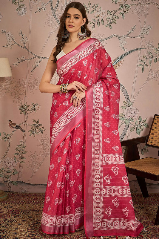 Pink Colour Linen Blend Printed Saree