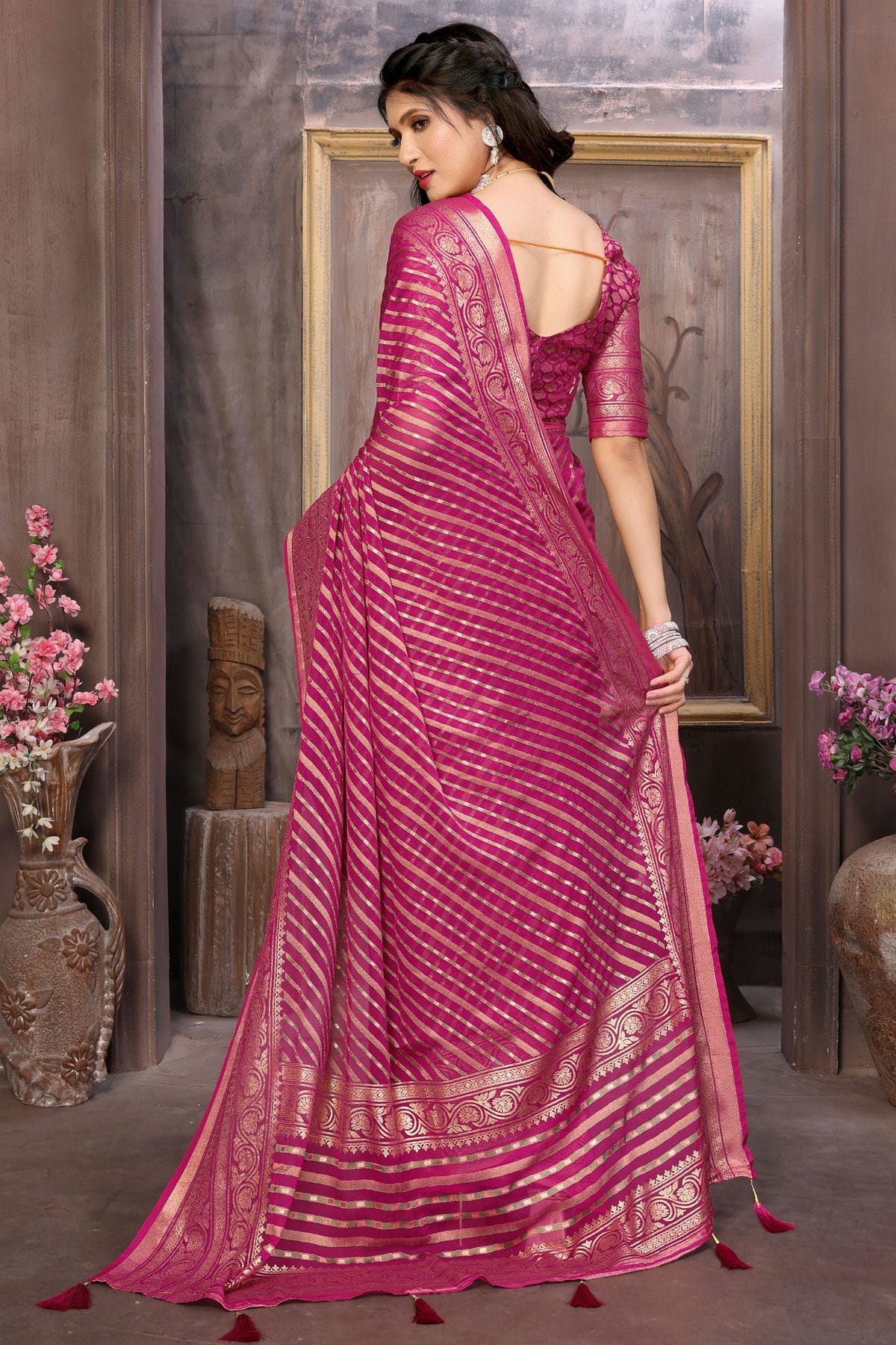 Pink Colour Moss Brasso Traditional Saree