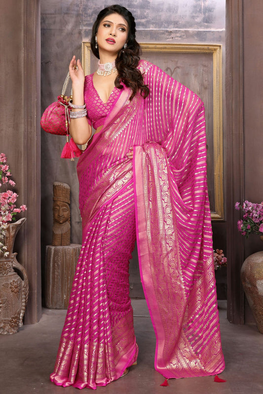 Pink Colour Moss Brasso Traditional Saree