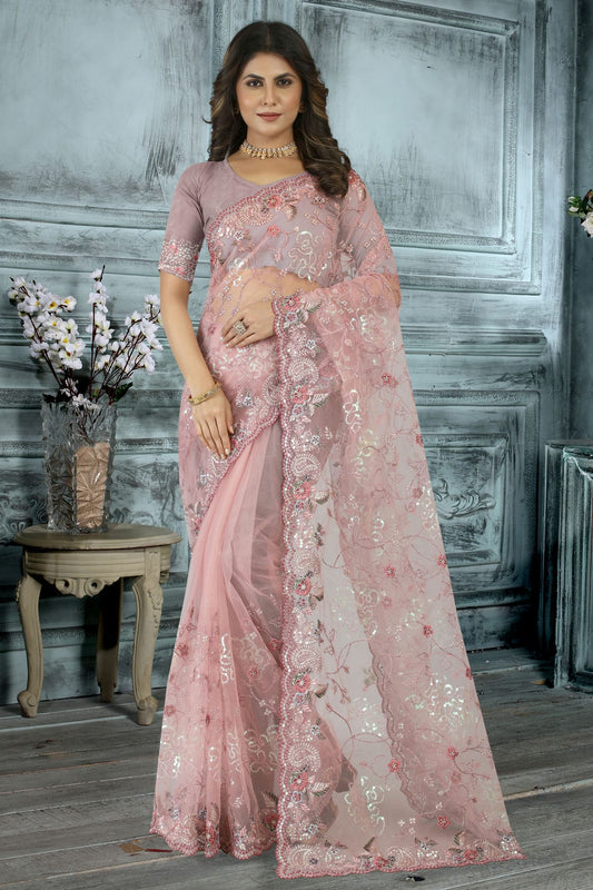 Pink Colour Net Designer Saree