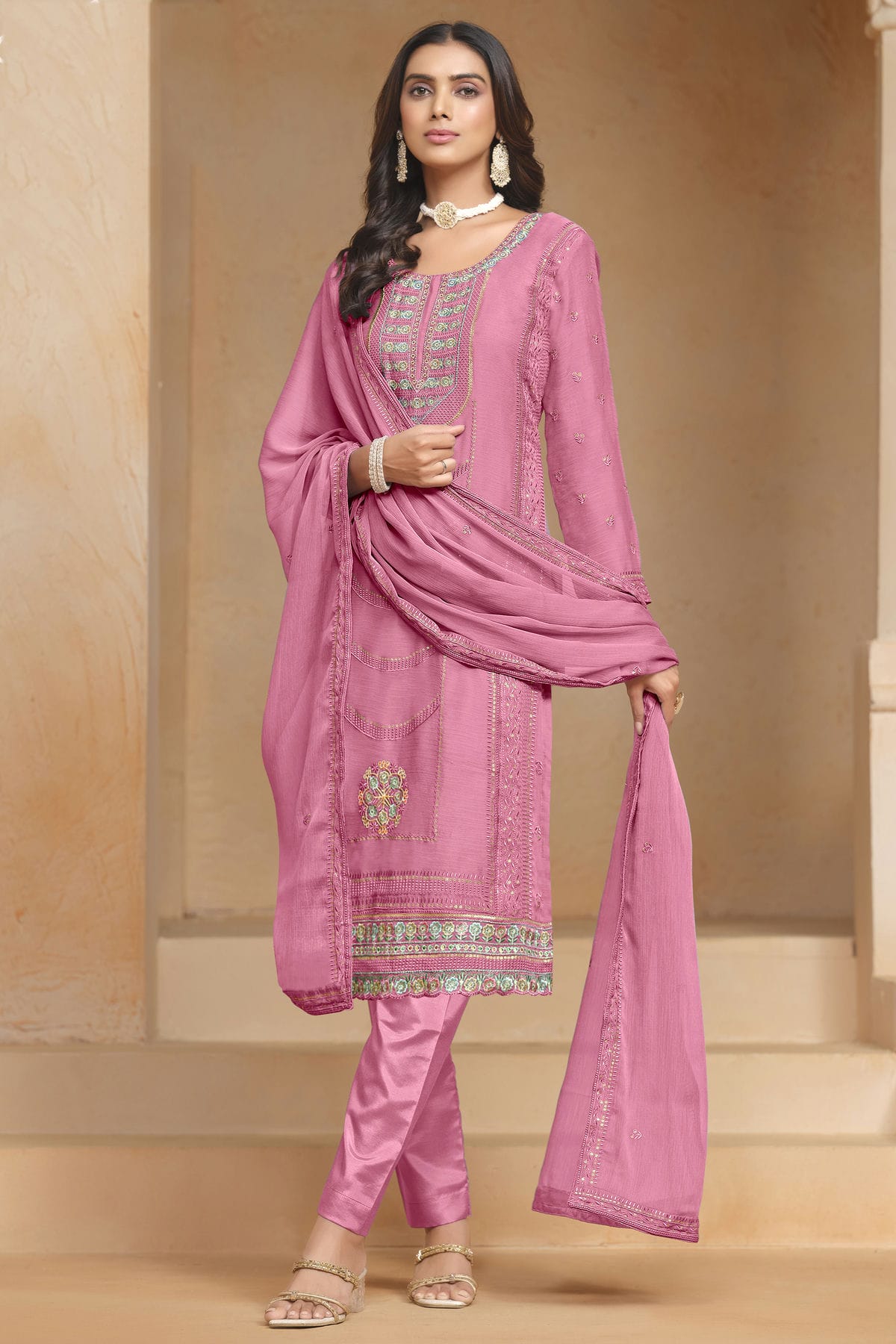 Pink Colour Organza Chiffon Semi Stitched Pant Style Suit VSSM1050612