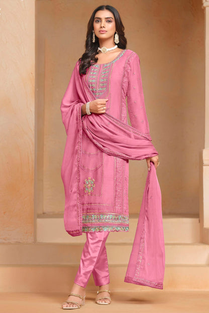 Pink Colour Organza Chiffon Semi Stitched Pant Style Suit VSSM1050612