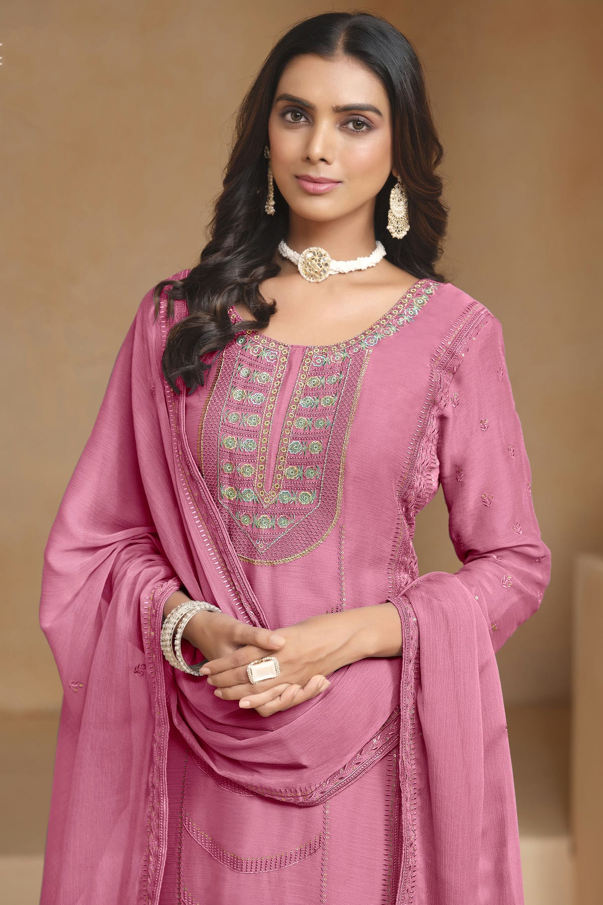 Pink Colour Organza Chiffon Semi Stitched Pant Style Suit VSSM1050612