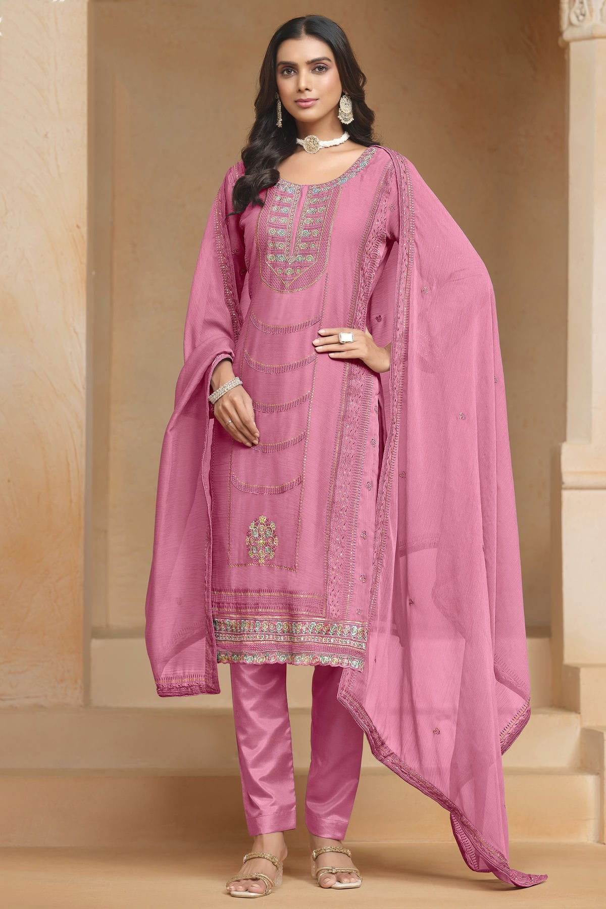 Pink Colour Organza Chiffon Semi Stitched Pant Style Suit