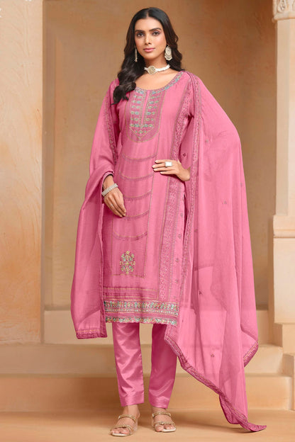 Pink Colour Organza Chiffon Semi Stitched Pant Style Suit