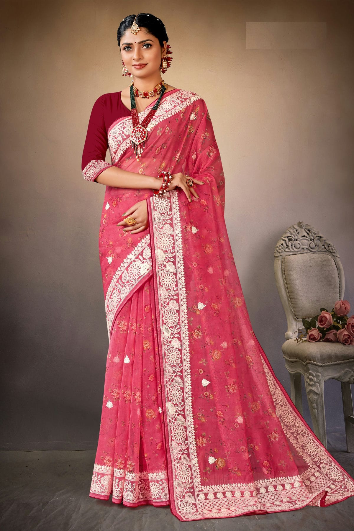 Pink Colour Organza Printed Saree