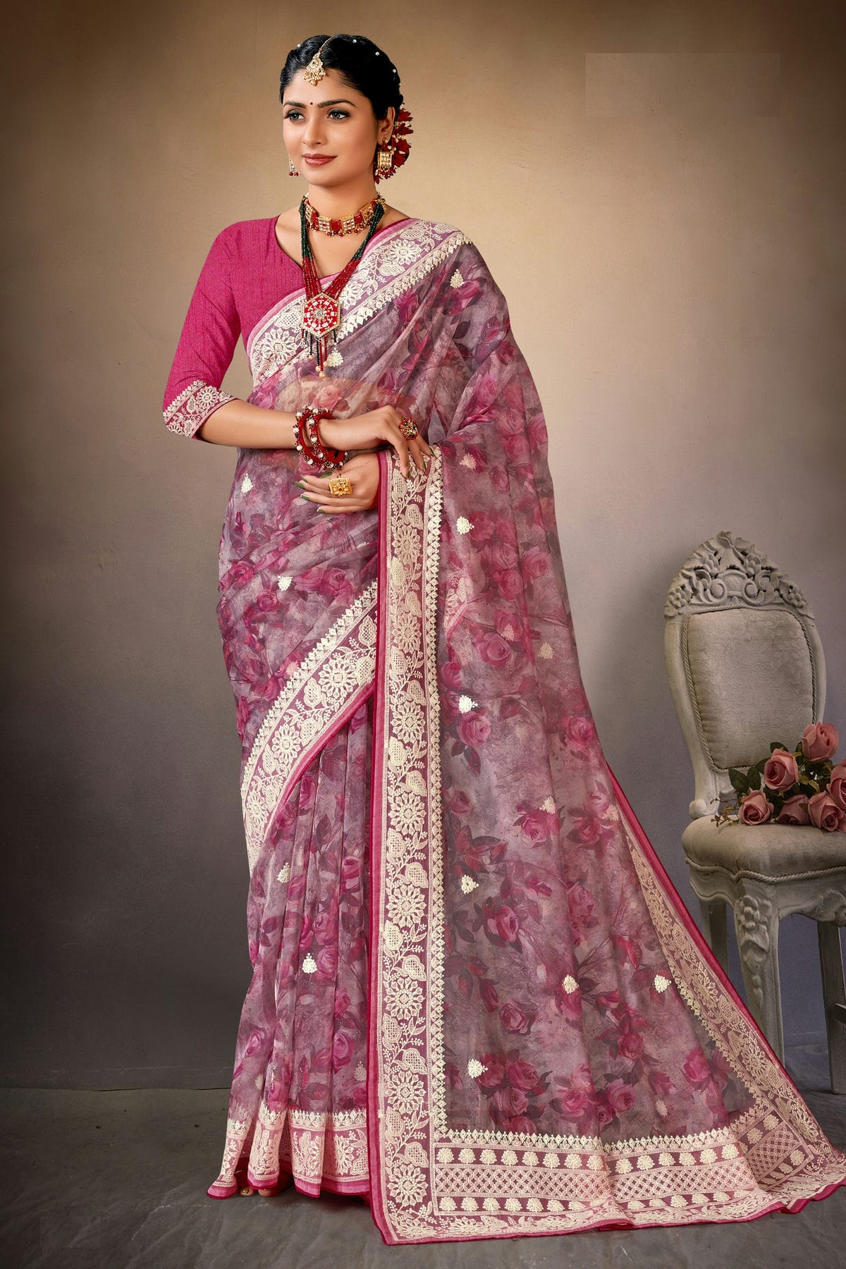 Pink Colour Organza Printed Saree