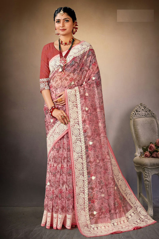 Pink Colour Organza Printed Saree