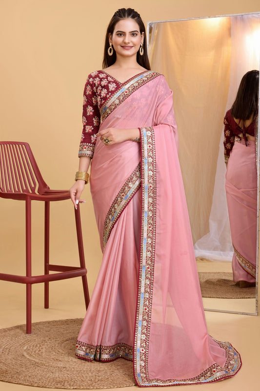 Pink Colour Organza Saree