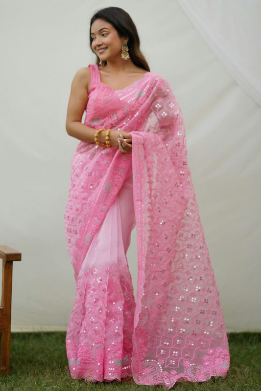 Pink Colour Organza Saree