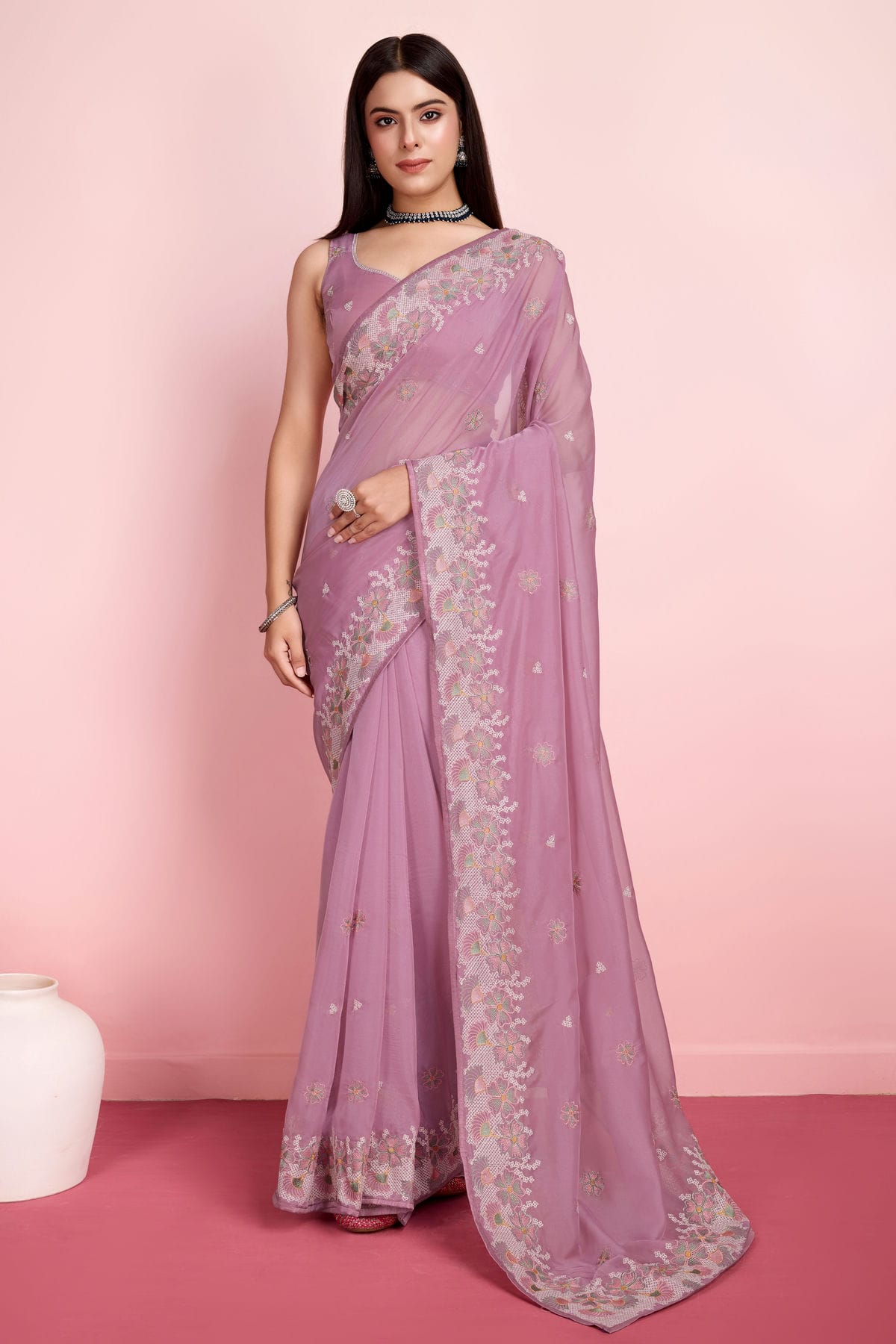 Pink Colour Organza Saree