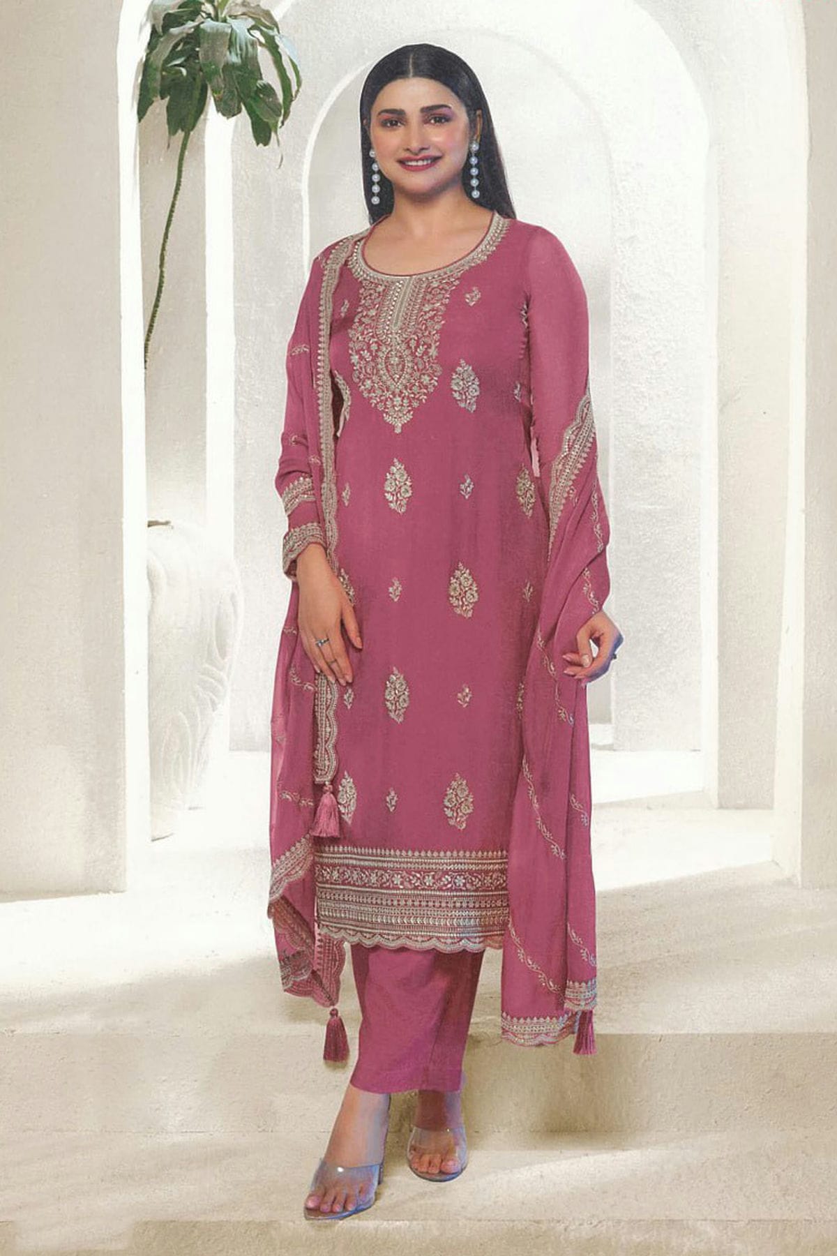 Pink Colour Organza Silk Pant Style Suit