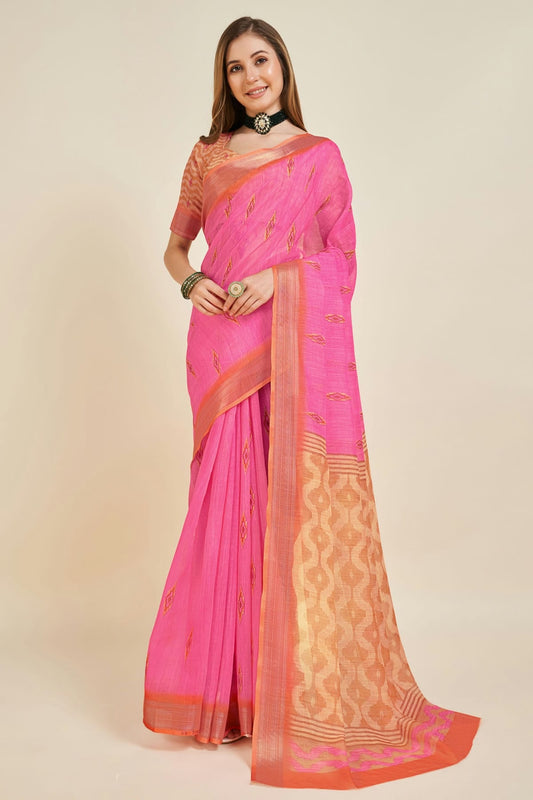 Pink Colour Printed Work Linen Saree