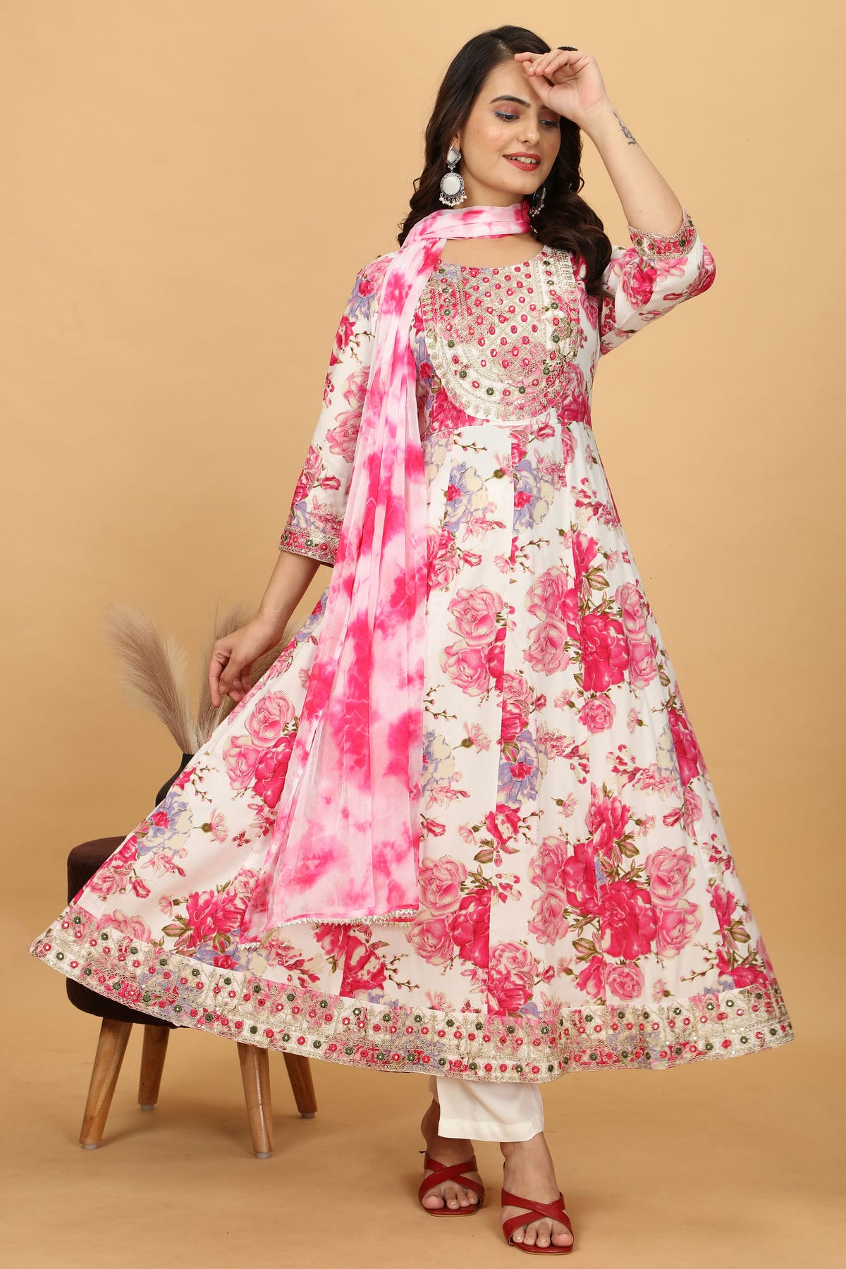 Pink Colour Rayon Cotton Readymade Anarkali Suit