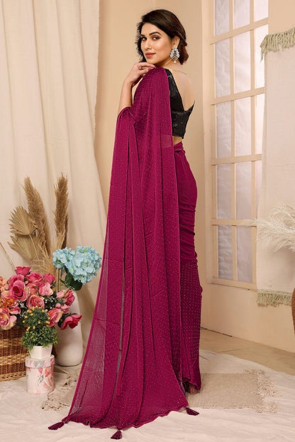 Pink Colour Satin Chiffon Stone Work Saree