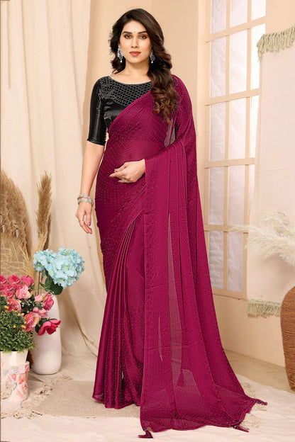 Pink Colour Satin Chiffon Stone Work Saree