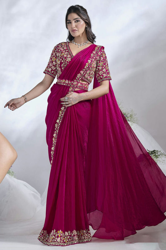 Pink Colour Satin Silk Ready To Wear Saree