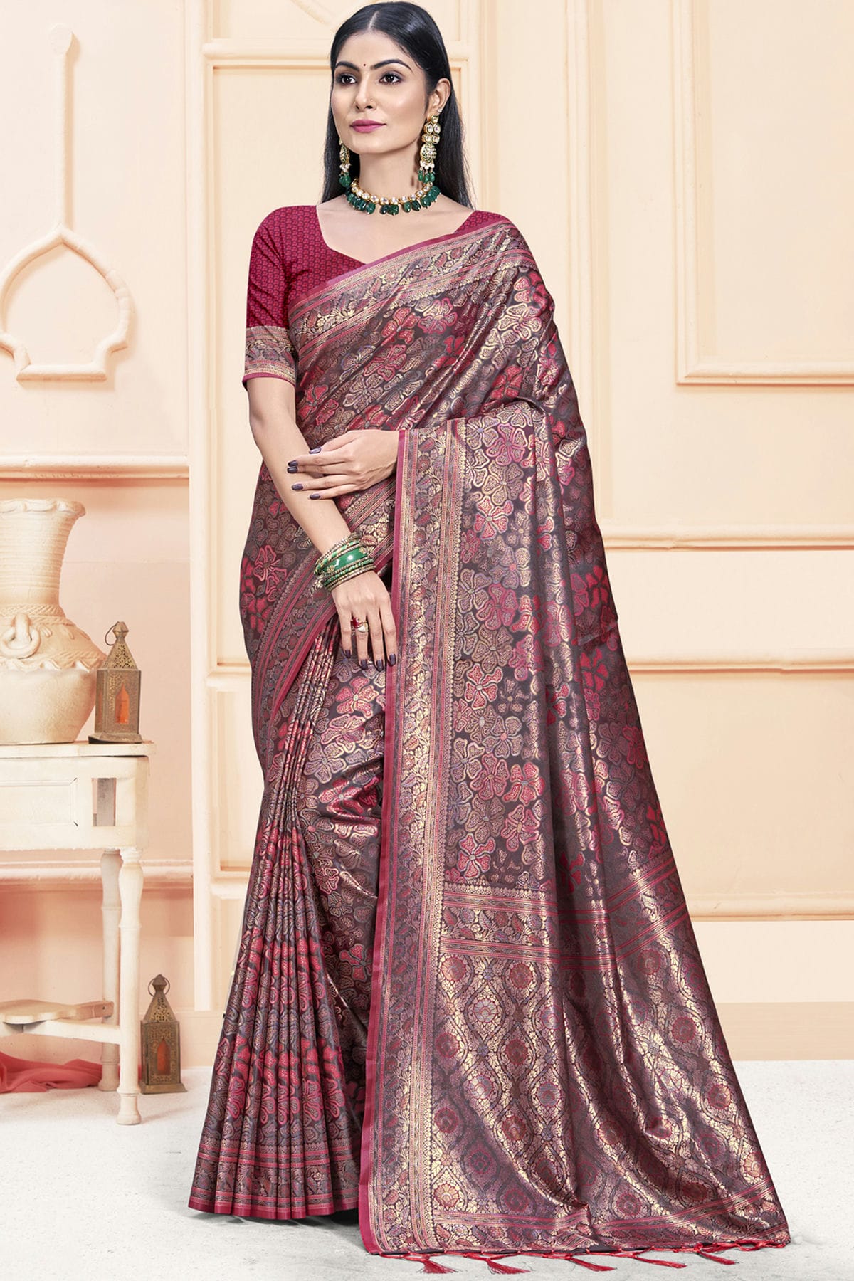 Pink Colour Satin Silk Traditional Saree