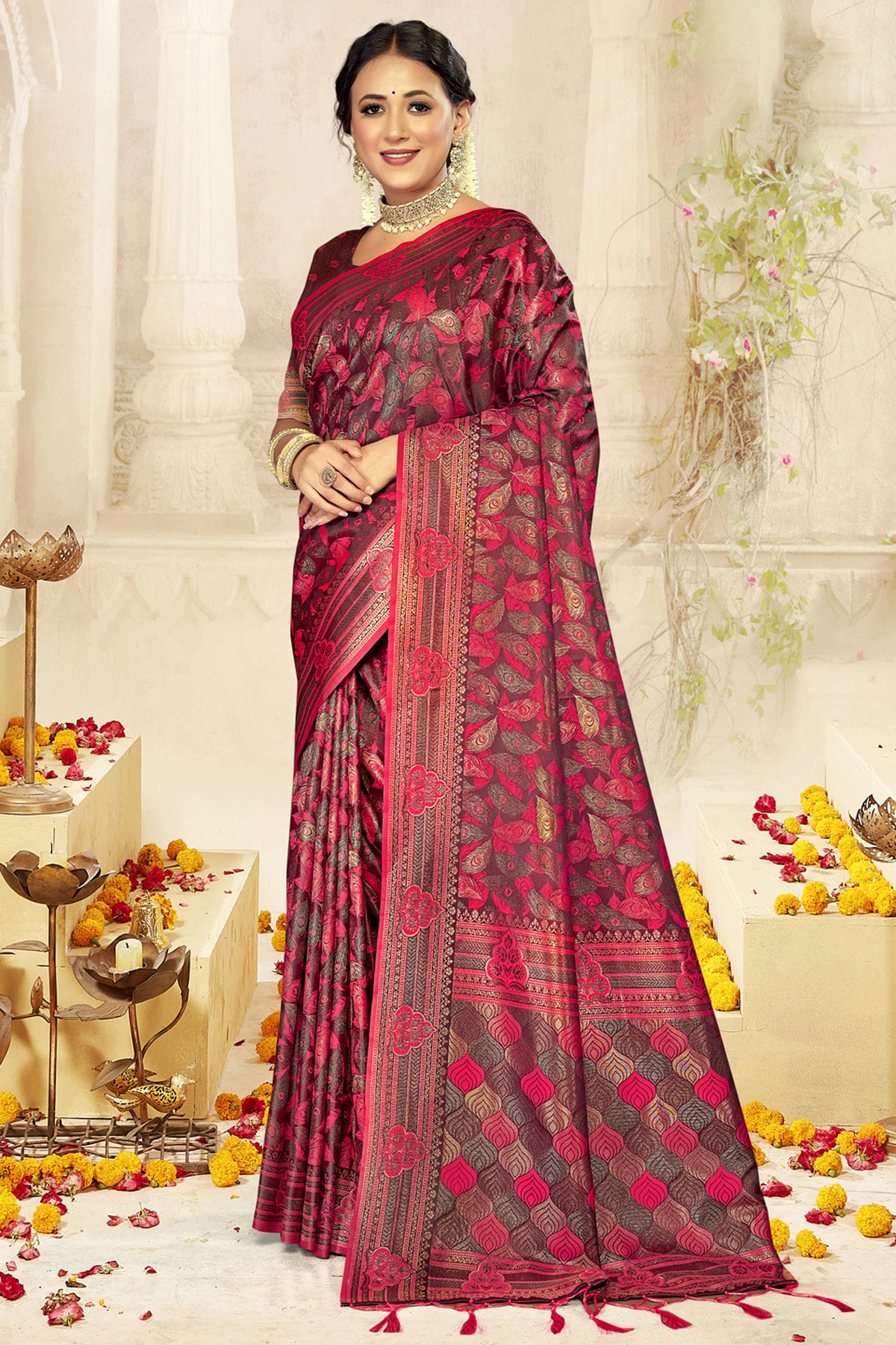 Pink Colour Satin Silk Traditional Saree