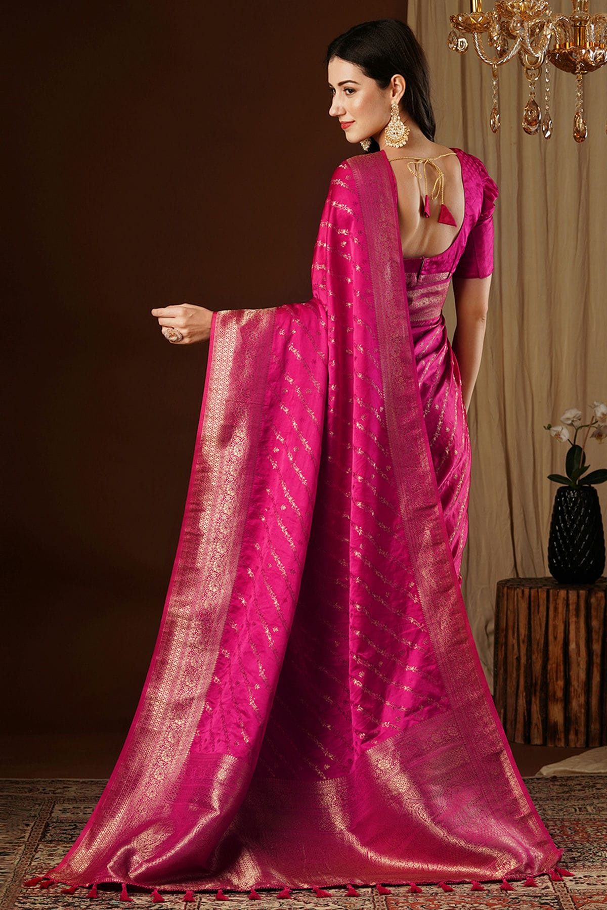 Pink Colour Satin Silk Traditional Saree