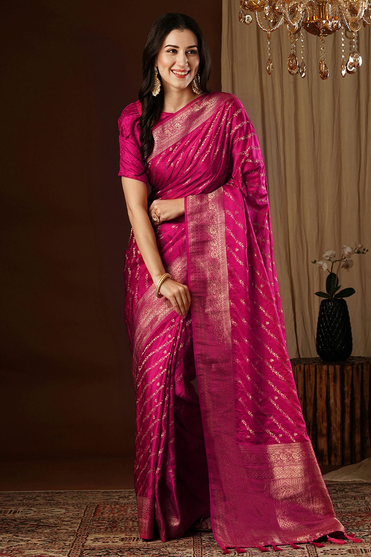 Pink Colour Satin Silk Traditional Saree