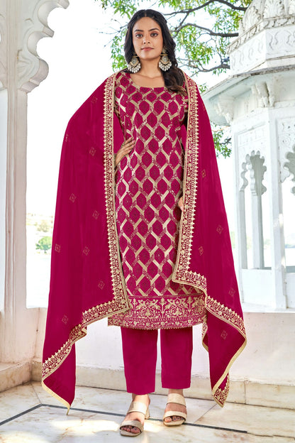 Pink Colour Semi Stitched Blooming Vichitra Pant Style Suit