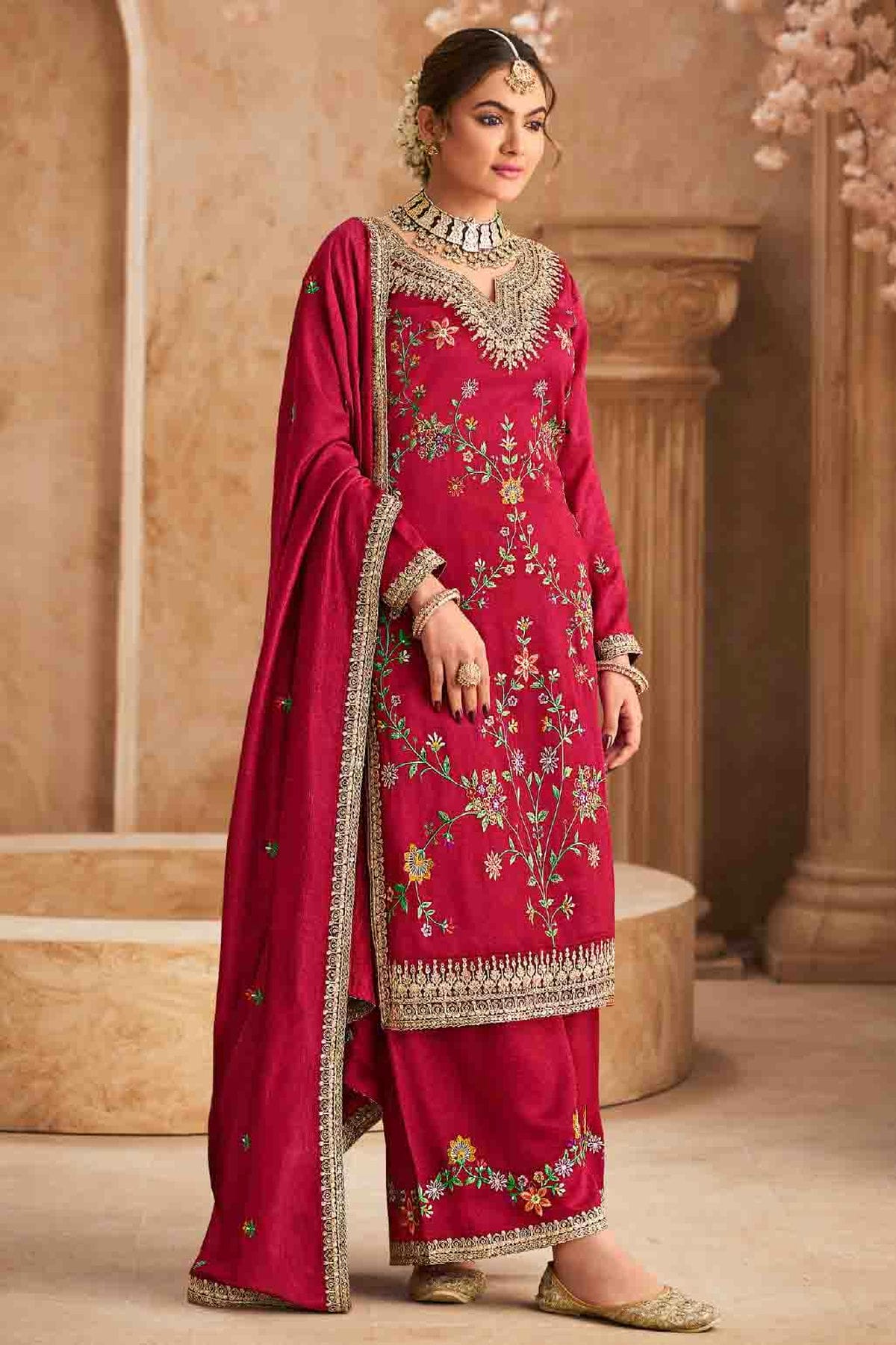 Pink Colour Semi Stitched Chinon Palazzo Pant Suit VSSM1140720