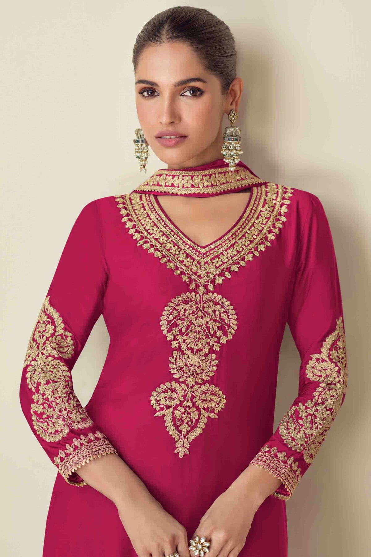 Pink Colour Semi Stitched Chinon Palazzo Pant Suit VSSM1140724