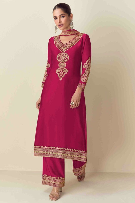 Pink Colour Semi Stitched Chinon Palazzo Pant Suit VSSM1140724