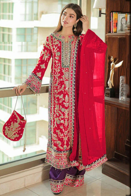 Pink Colour Semi Stitched Chinon Silk Pakistani Suit