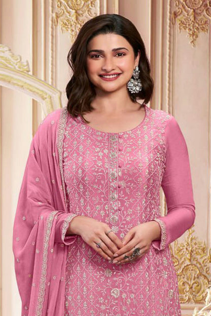 Pink Colour Semi Stitched Chinon Silk Pant Style Suit