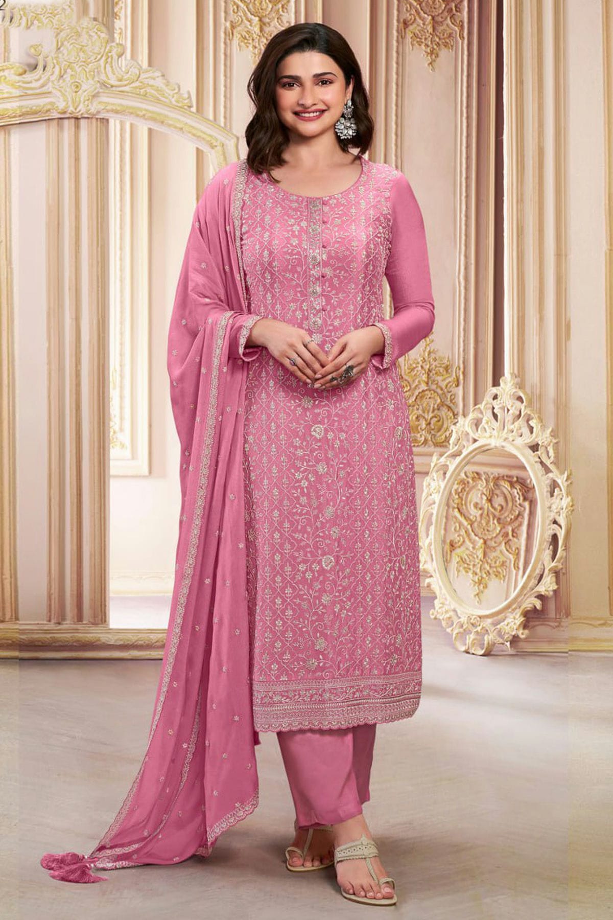 Pink Colour Semi Stitched Chinon Silk Pant Style Suit