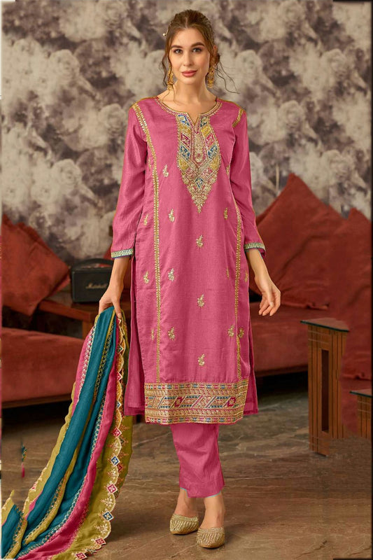 Pink Colour Semi Stitched Faux Georgette Pant Style Suit