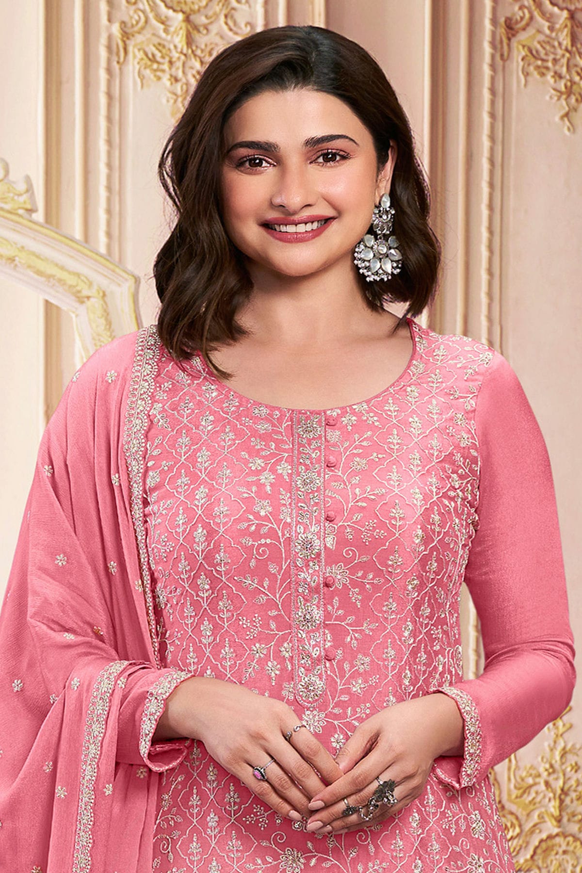 Pink Colour Semi Stitched Faux Georgette Pant Style Suit