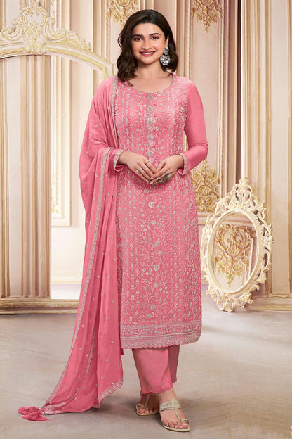 Pink Colour Semi Stitched Faux Georgette Pant Style Suit