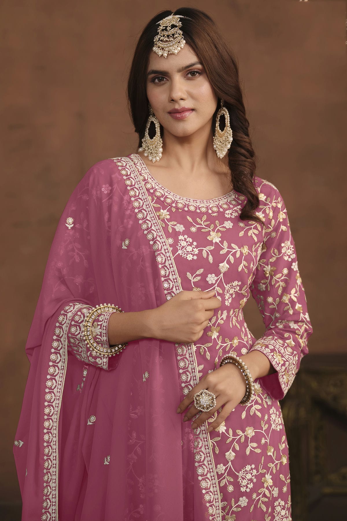 Pink Colour Semi Stitched Faux Georgette Sharara Suit